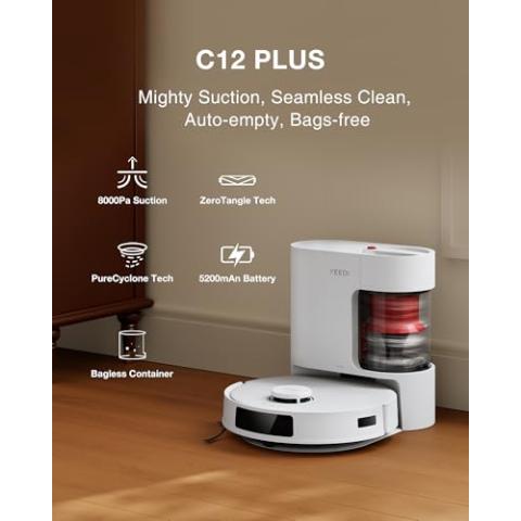 Yeedi C12 Plus Robot Vacuum and Mop, 8000Pa Strong Suction, 7-Week Dust Storage, Bagless Dust Bin, PureCyclone Tech, ZeroTangle Brush, White