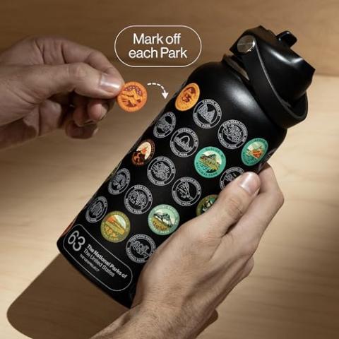 National Parks Water Bottle with Stickers Kit, Erikas Chesonis Collaboration, Adventure Flask with Straw, Waterproof Stickers for Water Bottle, Insulated Stainless Steel 32oz (Black)