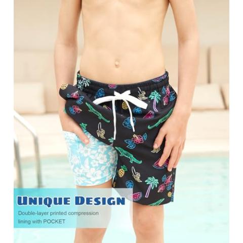Cozople 7-20T Boys Swim Trunks with Compression Liner Big Boys Quick Dry Bathing Suit Stretch 2 in 1 Beach Swimming Shorts