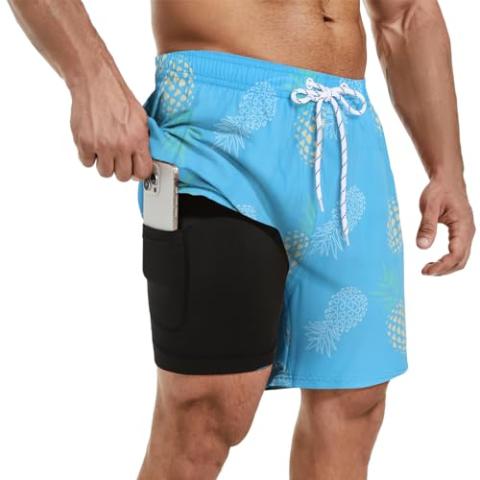 Mens Swim Trunks with Compression Liner 7" Inseam Quick Dry Board Shorts Swim Shorts Bathing Suits