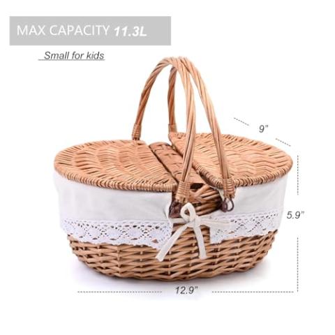 Cute 13" Wicker Picnic Basket with Removable Liner Empty Picnic Baskets with Lid, Picnic Hamper with Foldable Handles Picnic for 2, Natural Color,Small