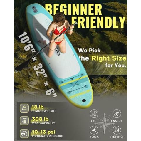 2-Pack HEYBOARD Inflatable Stand Up Paddle Board 10'6"x32"x6" Grey & Mint Green Patterned