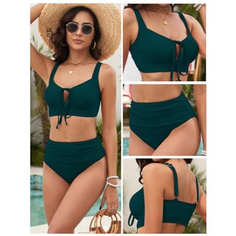 ZAFUL Womens High Waisted Bikini Two Piece Tummy Control Swimsuits Lace Up Front Retro Bathing Suits with Ruched Bottom