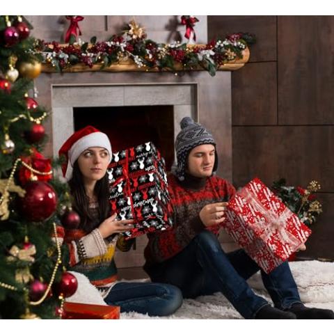 ZINTBIAL Christmas Wrapping Paper for Kids Adults - Xmas Wrapping Paper with Red/Black Plaid, Reindeer, Gnome, “Ho Ho” Words - 28 x 40 Inches, 6 Jumbo Sheets, Easy to Store