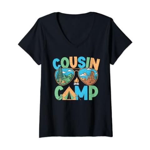 Womens Cousin Camp 2024 Sunglasses Summer Camping Vacation Camper V-Neck T-Shirt