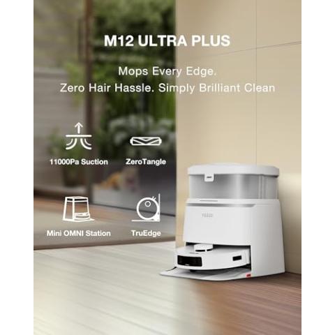 Yeedi M12 Ultra Plus Robot Vacuum and Mop, Upgrade 11800Pa Strong Suction, ZeroTangle Technology, TruEdge Deep Mopping, Auto Mop Washing/Drying, Auto-Lift Mopping, Mini Omni Station, White