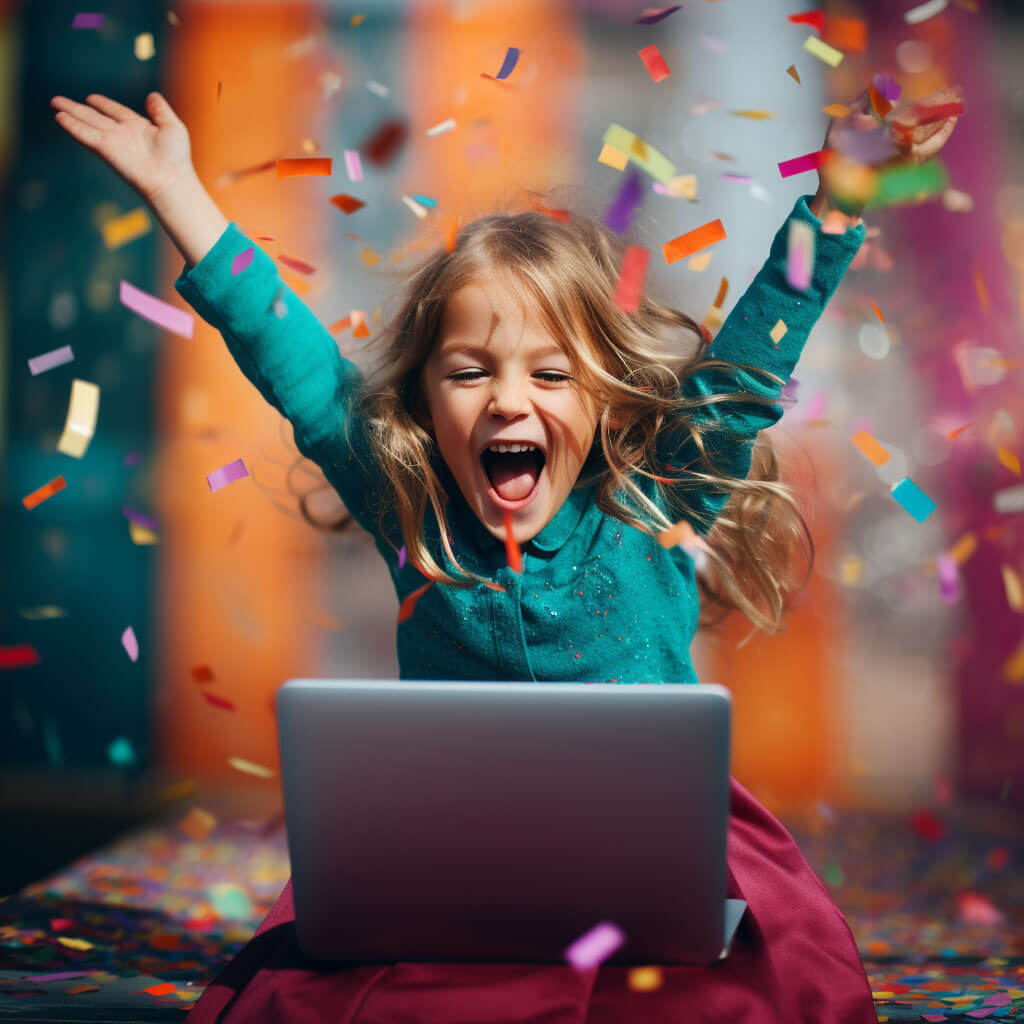 a cheerful young girl with a laptop