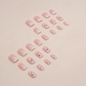 Square Press on Nails Short with Flower Design – 24 Pcs Glossy Pink French Acrylic Nails for Women