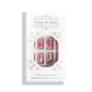 Short French Tip Press on Nails – Pink White Flower