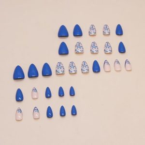 Blue Flowers Press-on Nails – Medium Almond False Nails
