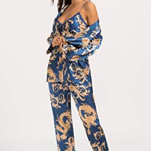 Escalier Navy Silk Pajamas Set: Floral 3-Piece Loungewear Gift