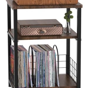 Tuohours Record Player Stand with Vinyl Record Storage Basket