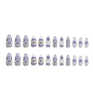 Blue Flower Almond Press-On Nails – Set of 24