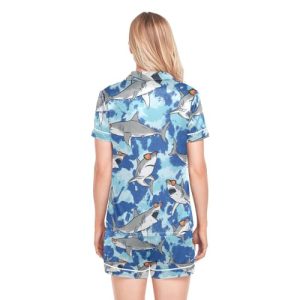 Silk Satin Pajamas Set Sharks with Sunglasses 2024