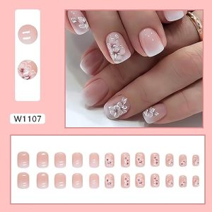 Square Press on Nails Short with Flower Design – 24 Pcs Glossy Pink French Acrylic Nails for Women