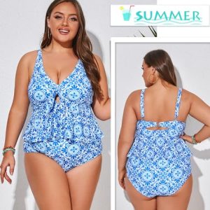 Plus Size V-Neck Tie Tankini Swimsuit: Tummy Control Bikini Set