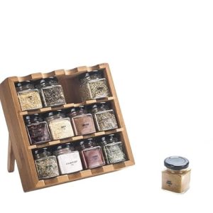 TILZ GEAR Wooden 3-Tier Spice Rack with 12 Glass Jars