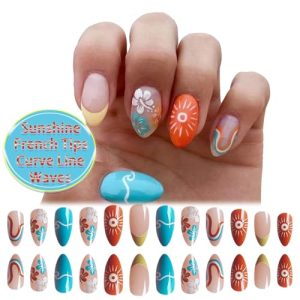 24Pcs Summer Sun Press on Nails French Tips Wave Design