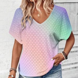 Eyelet Gradient V-Neck Summer Blouse 2024