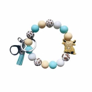 Highland Cow Keychain Wristlet – Teal Animal Charm Gift
