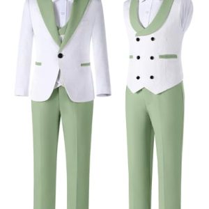 Boys Jacquard Sage Green Slim Fit Tuxedo Suit Set – 3 Piece