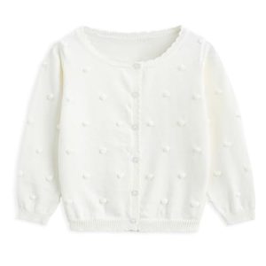 Curipeer Baby Girl Cardigan Sweater - Pompom Knit White