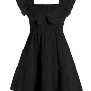 Girls’ Black Square Neck Ruffle Dress: Summer Beach Teens