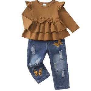 Toddler Girl Fall/Winter Ruffle Bow Top & Jeans Set