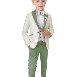 Boys Jacquard Sage Green Slim Fit Tuxedo Suit Set - 3 Piece