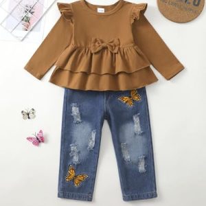 Toddler Girl Fall/Winter Ruffle Bow Top & Jeans Set