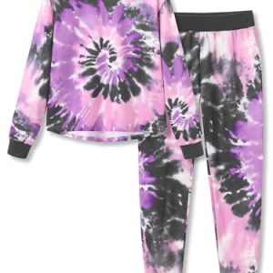 Topgal Girls' Tie-Dye Set: Crop Top & Joggers (Purple/Black)