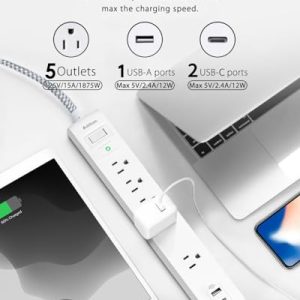 6Ft Power Strip Surge Protector with USB-C & Flat Plug