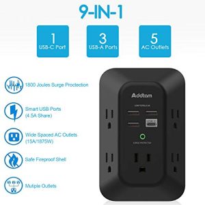 Addtam USB Wall Charger Surge Protector – 5 Outlets & 4 USB