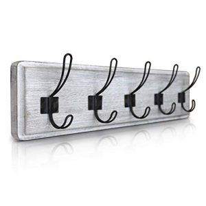 HBCY Rustic Whitewash 24″ Coat Rack – 5 Pine Wood Hooks