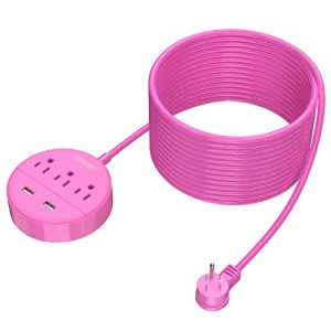 Pink 25ft Flat Plug Power Strip with USB Ports