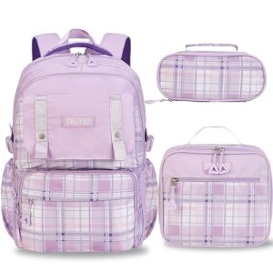 Girls Purple Grid School Backpack Set – Bookbag & Lunch Box