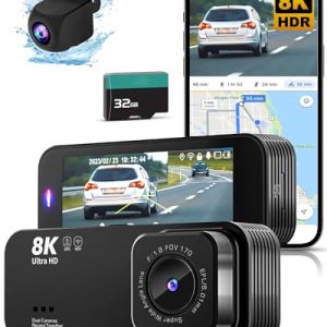 8K/2.5K UHD Dual Dash Cam with WiFi, GPS & Night Vision