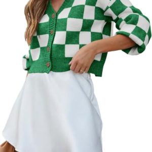 Dokotoo Women's V-Neck Plaid Knit Cropped Cardigan Sweater