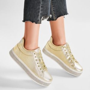 Women’s Gold Glitter Rhinestone Platform Sneakers