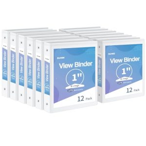 SUNEE 1-Inch 3-Ring Binders, 12-Pack Bulk, White, Clear View