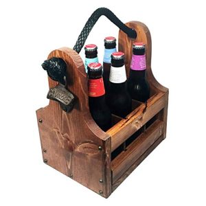 Wooden 6-Pack Bottle Caddy with Opener & Cap Catch