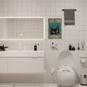 Funny Black Cat Bathroom Sign – Retro Metal Decor 8×12
