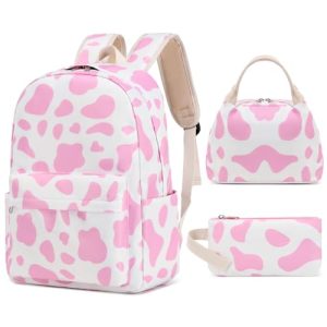 Cute Cow Print Backpack Set for Teen Girls - Pink