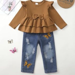 Toddler Girl Fall/Winter Ruffle Plaid Top & Jeans Set