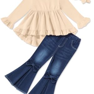 Girls Ruffle Top, Denim Bell Bottoms 3-Piece Outfit