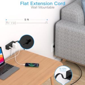 Flat Plug Power Strip Surge Protector, 6 Outlets, 3 USB