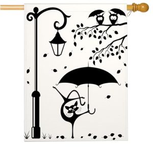 Black Cat Dancing Umbrella House Flag - Double Sided Burlap