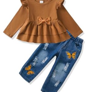 Toddler Girl Fall/Winter Ruffle Plaid Top & Jeans Set
