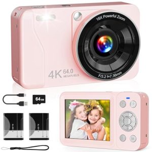 Pink 4K 64MP Digital Camera – Point & Shoot, 18X Zoom