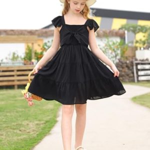 Girls’ Black Square Neck Ruffle Dress: Summer Beach Teens